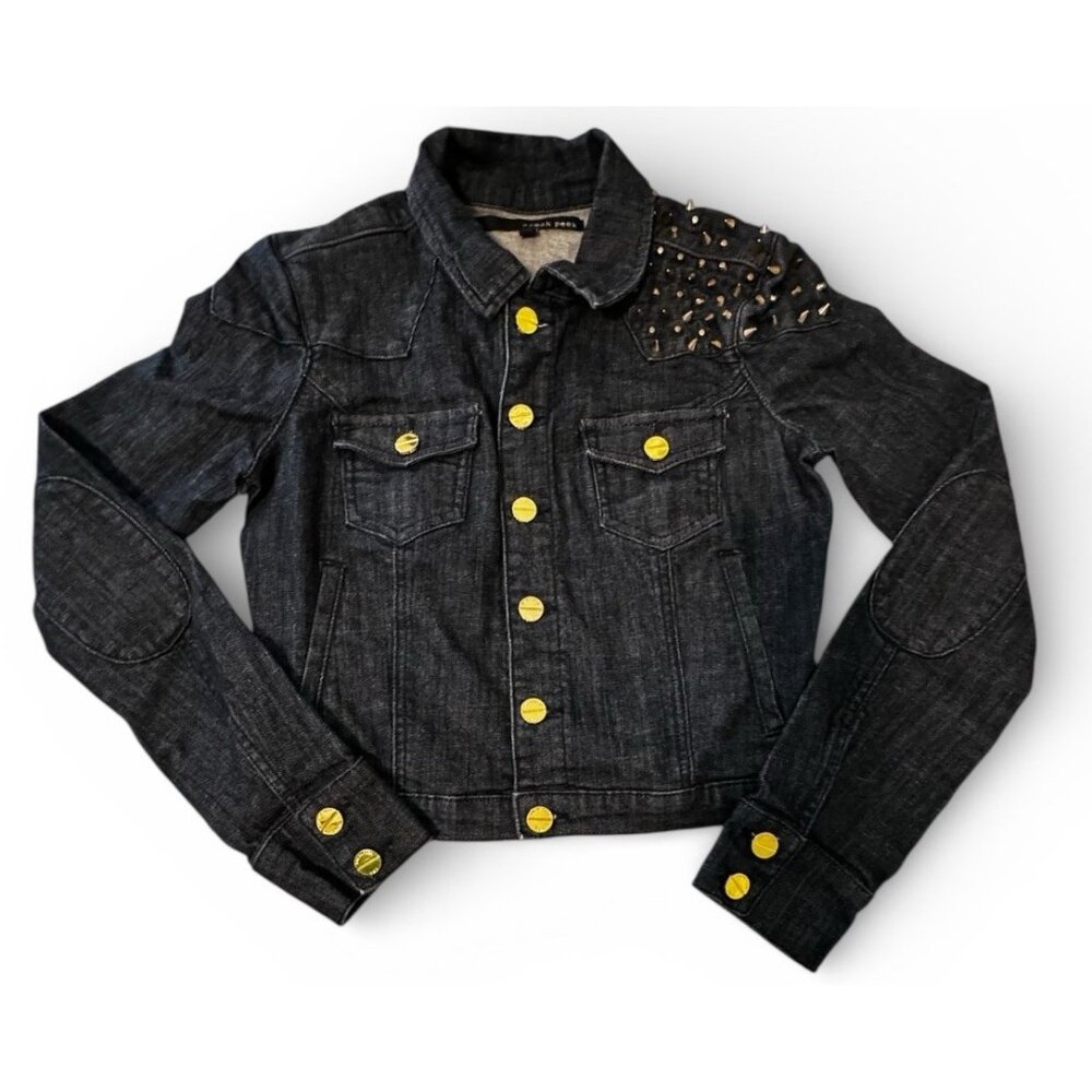 Sneak Peek Long Sleeve Cropped Dark Wash Denim Jacket Gold Hardware Studs Size S